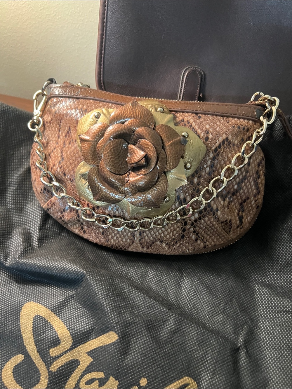 Sharif Brown Snakeskin Floral Chain Mini Bag